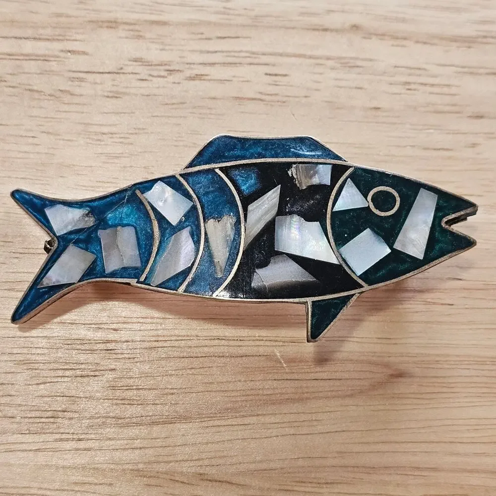 Alpaca Silver Fish Barrette in Blue and Black Inlaid with Mother of Pearl Chips